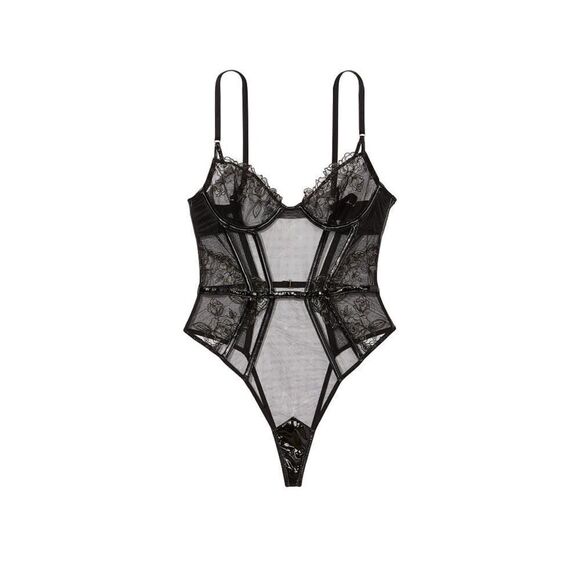 Victoria’s Secret VS Midnight Affair Lace Unlined Teddy Leather Black Lingerie - Picture 1 of 7